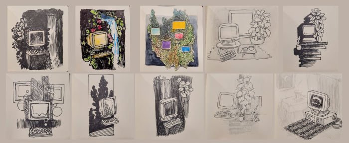 Collage of 10 sketchbook drawings of various scenes with computers.