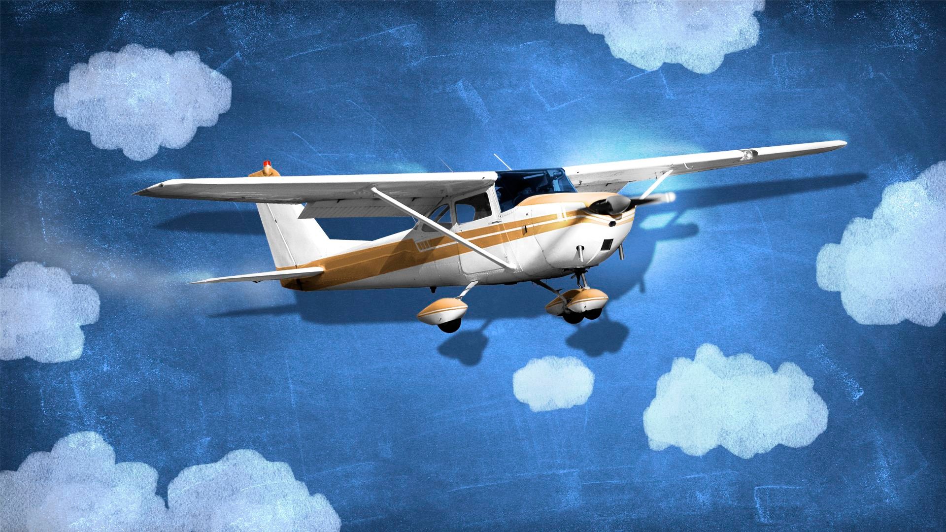 Illustration of a Cessna 172 flying across a blue chalkboard with chalk clouds