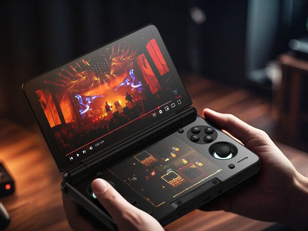 The AYN Thor has a clamshell design and two OLED displays. (Image source: AYN)