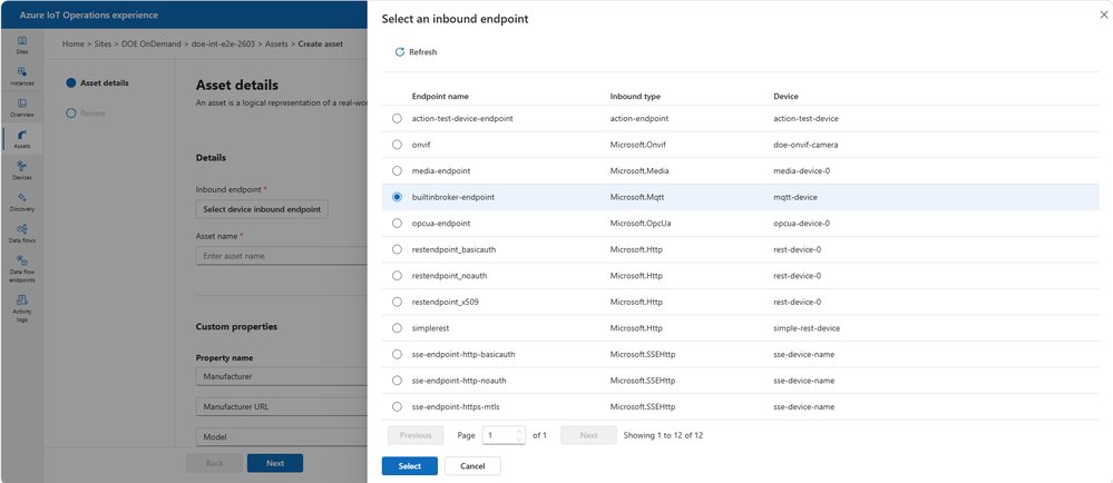 Azure IoT Operations portal showing the ‘Create asset’ workflow. A modal titled ‘Select an inbound endpoint’ lists multiple device endpoints in a table with columns for endpoint name, inbound type, and device. The ‘builtinbroker-endpoint’ with inbound type ‘Microsoft.Mqtt’ and device ‘mqtt-device’ is selected. Action buttons at the bottom include Select and Cancel.