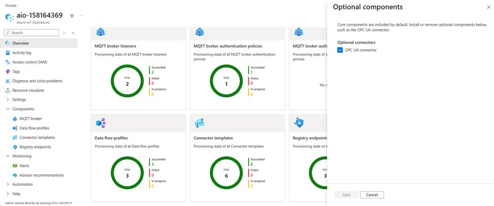 Azure Portal Overview page for an Azure IoT Operations resource, showing multiple status cards with green donut charts indicating successful provisioning. Sections include MQTT broker listeners, MQTT broker authentication policies, data flow profiles, connector templates, and registry endpoints, all with zero failures. An ‘Optional components’ panel is open on the right with the OPC UA connector enabled.