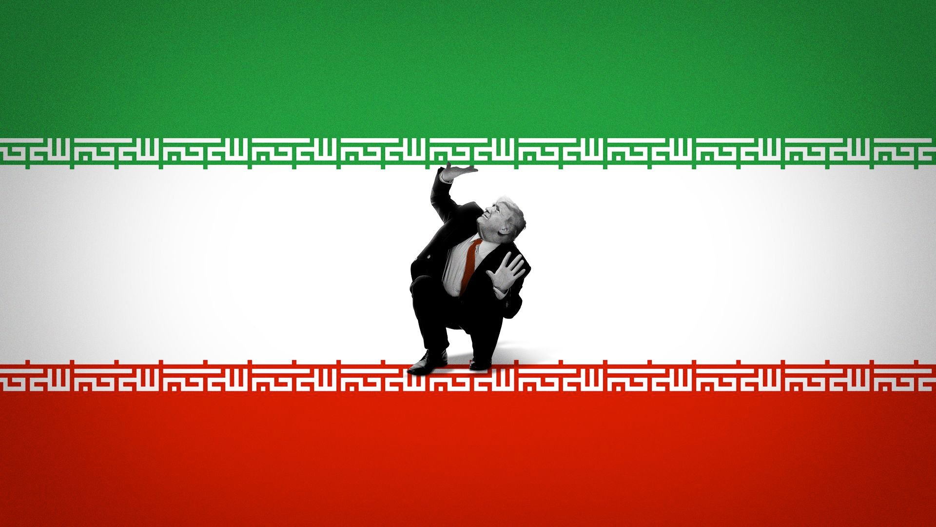 Photo illustration of Trump trapped between the green and red stripe of the flag of Iran.