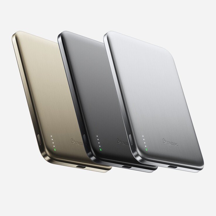 The BMX SolidSafe Air Qi2 power bank comes in gold, black, and silver.