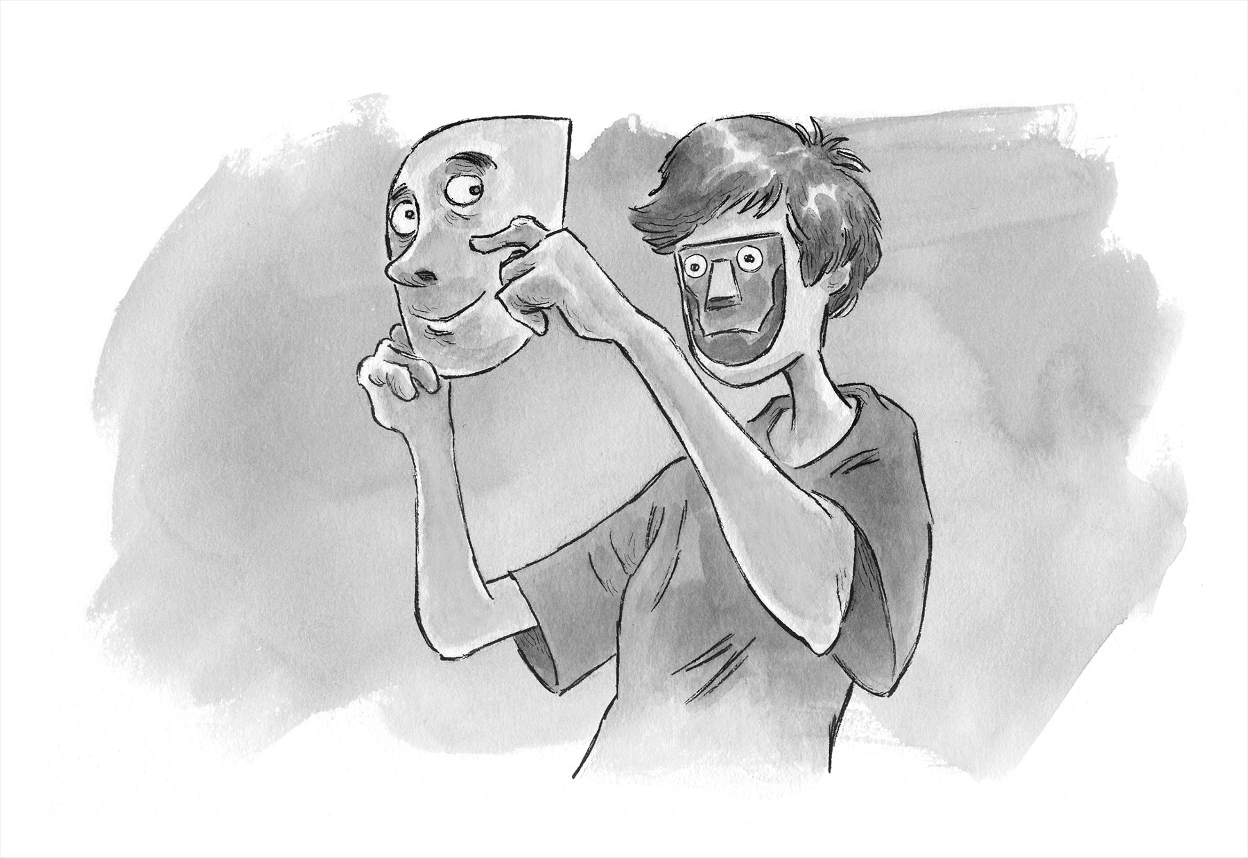 Illustration of a human-looking robot removing his face