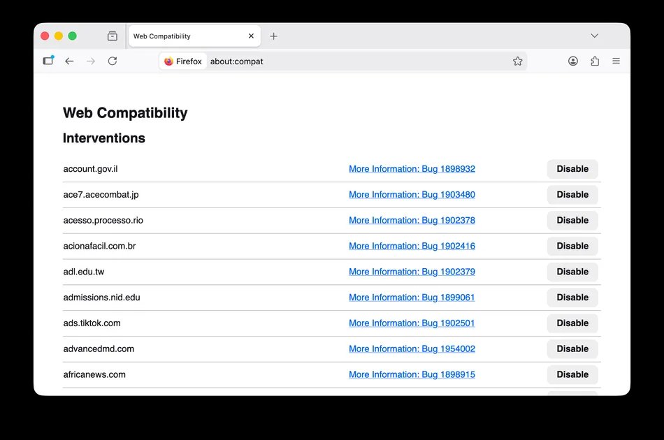 Screenshot of Firefox’s about:compat page showing site-specific compatibility interventions.
