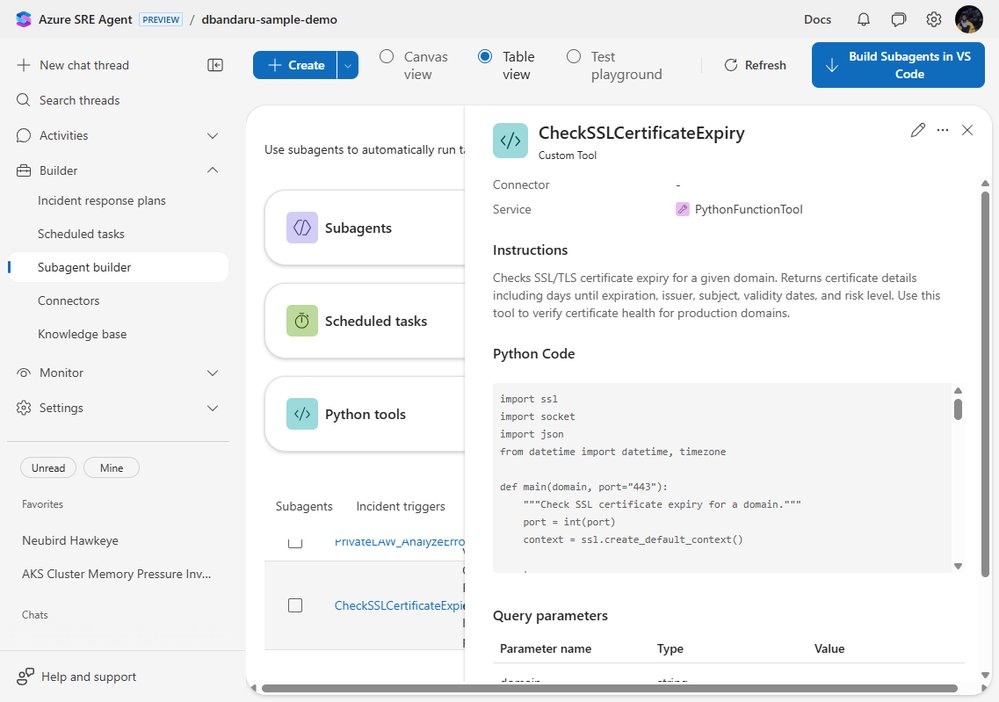 Build a Custom SSL Certificate Monitor with Azure SRE Agent: From Python Tool to Production Skill | Microsoft Community Hub