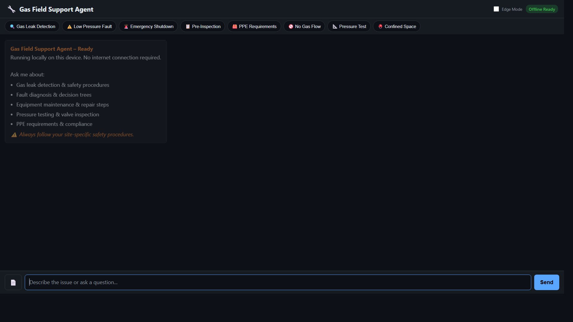 Landing page of the Gas Field Support Agent showing a dark-themed UI with quick-action buttons and chat input