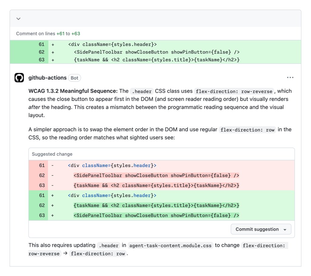 A GitHub Actions bot comment on a line of code in a Pull Request that suggests a fix to a content order accessibility issue. The comment reads, 'WCAG 1.3.2 Meaningful Sequence: The .header CSS class uses flex-direction: row-reverse, which causes the close button to appear first in the DOM (and screen reader reading order) but visually renders after the heading. This creates a mismatch between the programmatic reading sequence and the visual layout. A simpler approach is to swap the element order in the DOM and use regular flex-direction: row in the CSS, so the reading order matches what sighted users see:' Following that is a code suggestion that re-orderes the heading and side panel toolbar, with the option to commit the suggestion to code. After that is a final comment that reads, ''This also requires updating •header in agent-task-content.module.css to change flex-direction: row-reverse → flex-direction: row.
