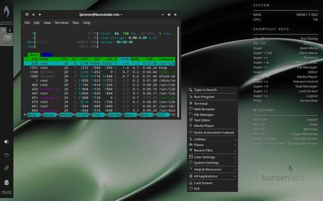 BunsenLabs Carbon showing htop, the main menu, a Conky monitor, and the new Xfce panel 