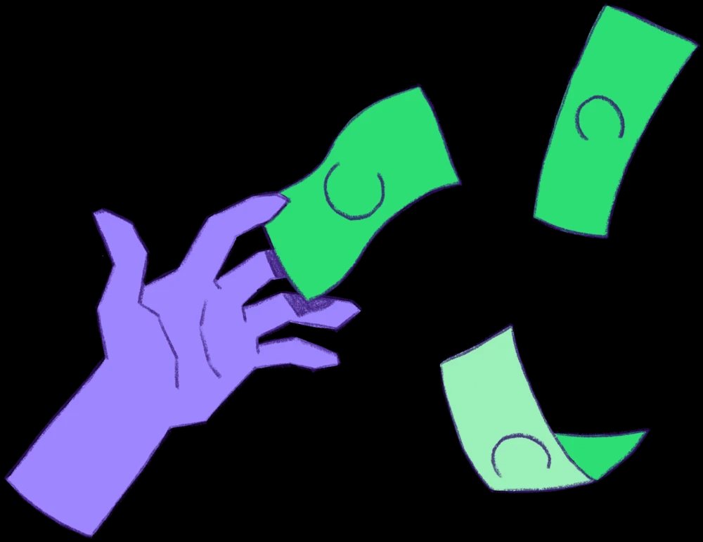 A hand reaching out for dollar bills which are getting swept away by the wind