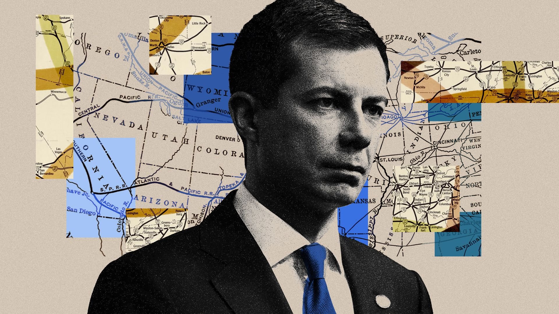 Photo illustration of Pete Buttigieg overlaid on maps of the U.S. Highway System and the National Railway. 