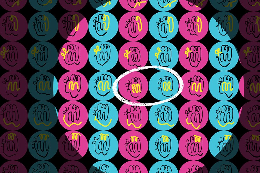 A grid of multicolored circles with a black sketch of the p53 protein inside each. Two with a particular configuration are circled.