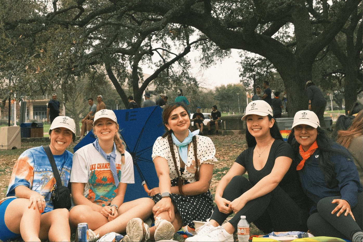 Team members at a park in Austin for a company off-site event.