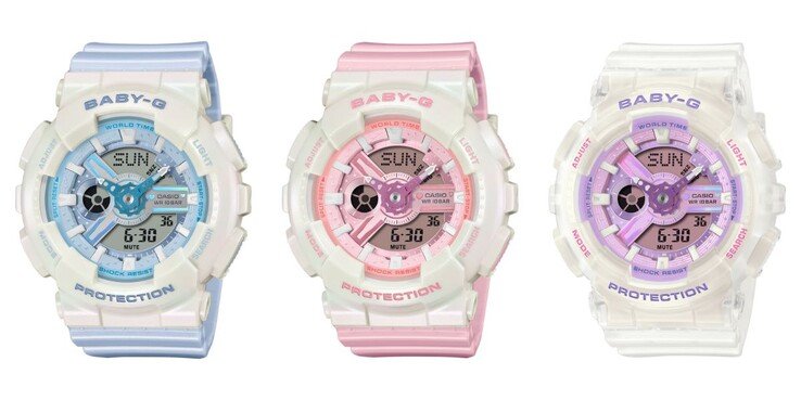 From left to right: the Casio Baby-G BA-110PD-2A, BA-110PD-4A and BA-110PS-7A watches
