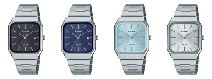 From left to right: the Casio MTP-B185D-1AV, MTP-B185D-2A1V, MTP-B185D-2A2V and MTP-B185D-7AV watches
