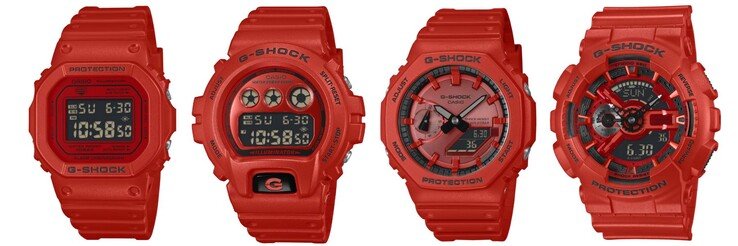 From left to right: the Casio G-Shock DW5600RRB-4, DW6900RRB-4, GA2100RRB-4A and  GA110RRB-4A watches. (Image source: Casio, edited)