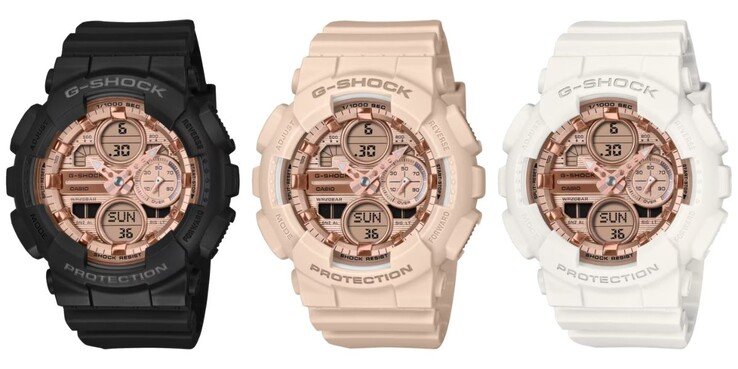 From left to right: the Casio G-Shock GMA-S140PG-1A, GMA-S140PG-4A and GMA-S140PG-7A watches