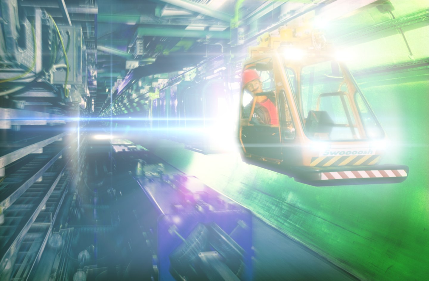 Kart with driver speeding through the underground tunnel