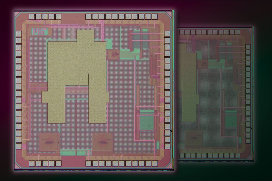 A large view of the tiny chip shows grids and holes.