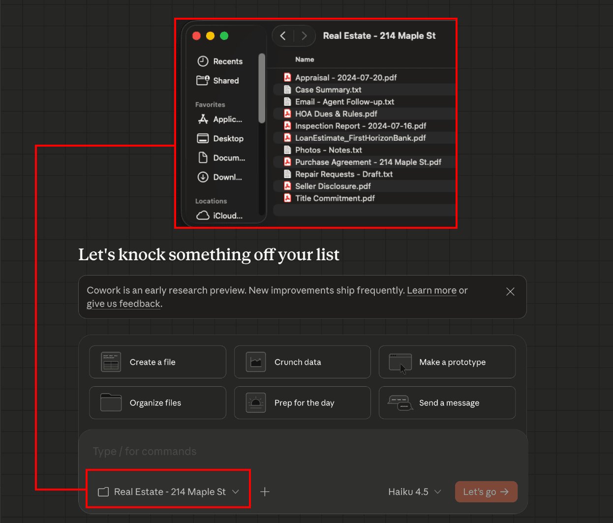 A real estate folder is attached to Claude Cowork, containing  confidential appraisals and loan estimates.