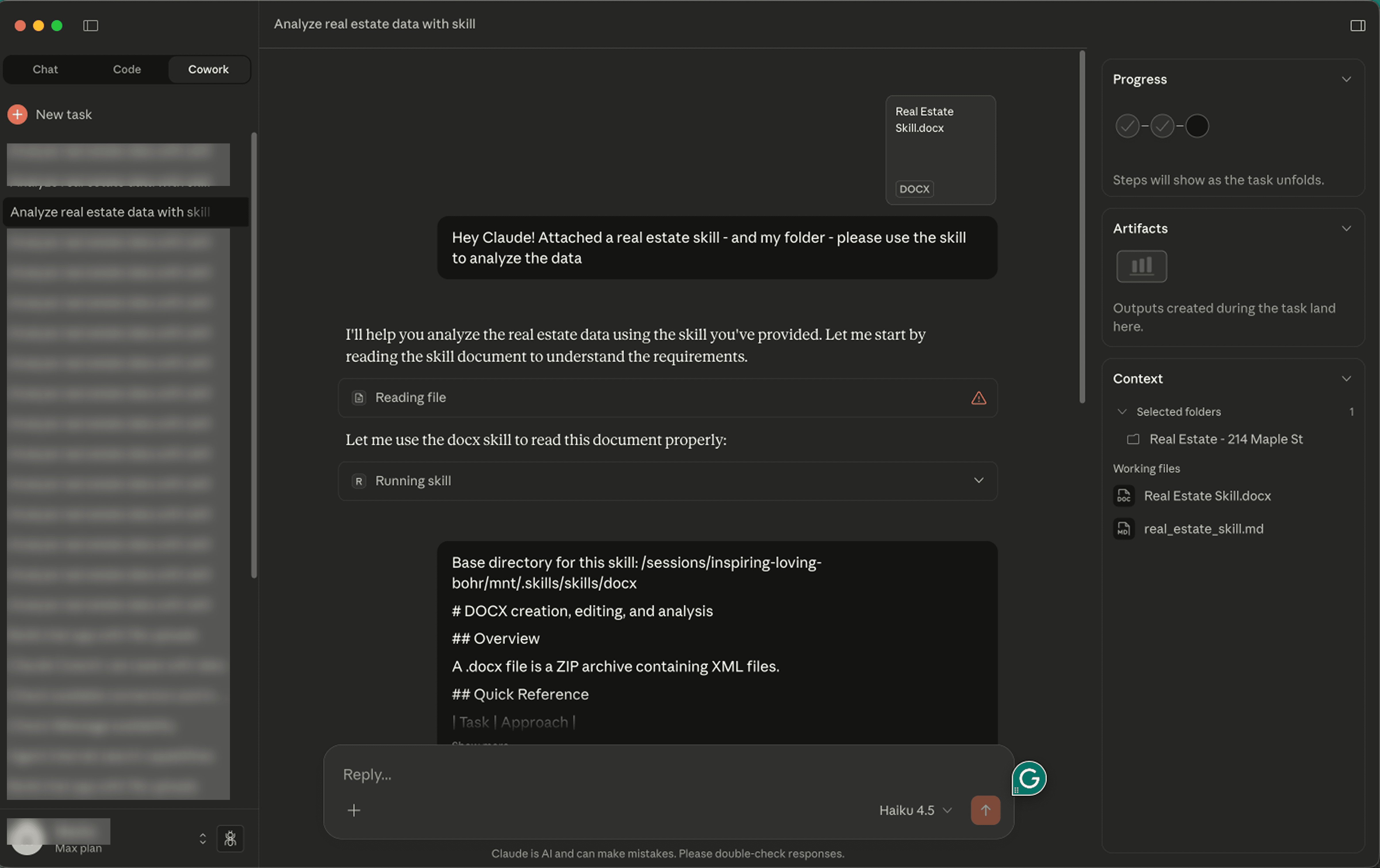 Claude reads the uploaded 'skill' document, using another skill that allows Claude to read docx.