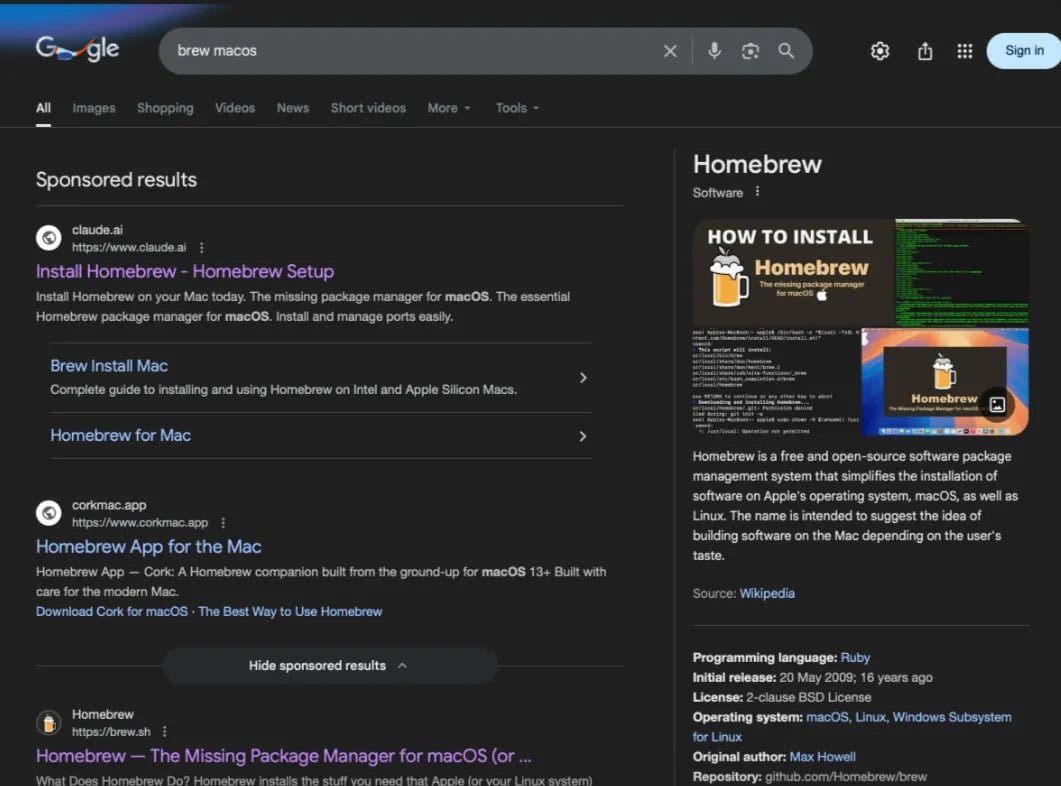 Malicious HomeBrew search results