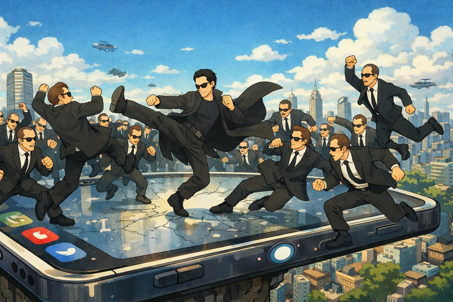 AI generated image of developers fighting on a giant smartphone