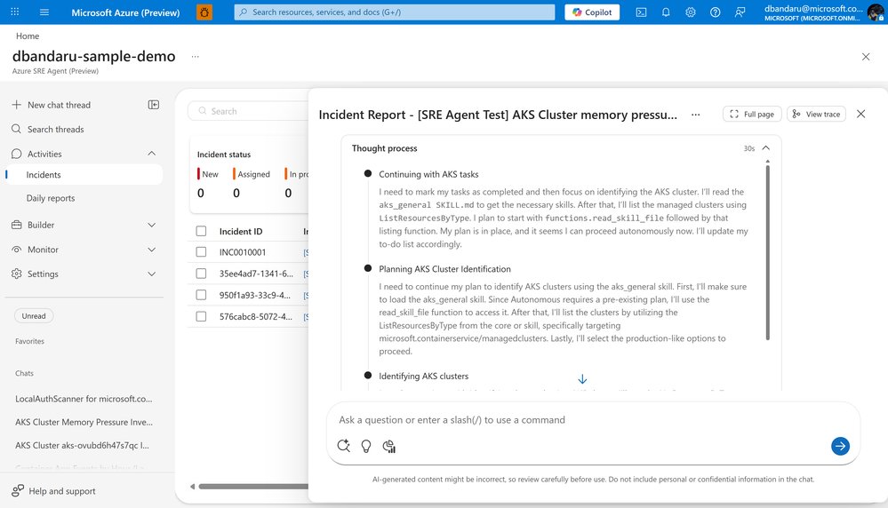 Azure SRE Agent portal showing the incident investigation timeline