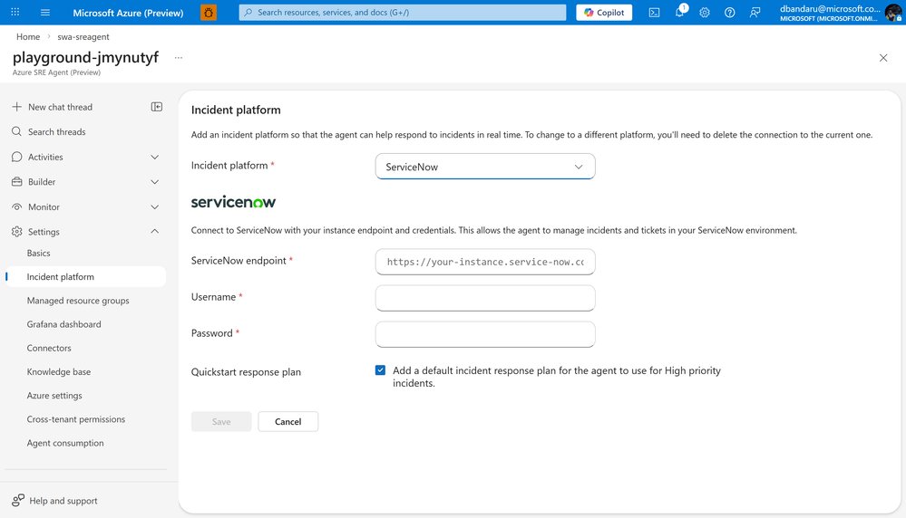 Azure SRE Agent ServiceNow configuration form showing endpoint, username, and password fields