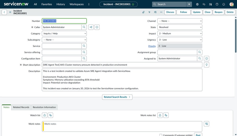 SRE Agent portal showing the incident detected from ServiceNow