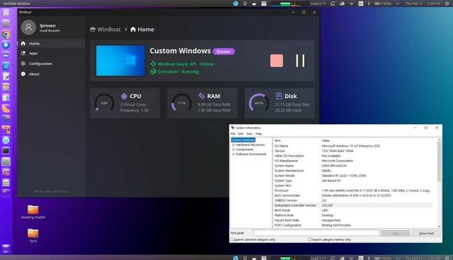 WinBoat main window and MS SysInfo running on Ubuntu Unity