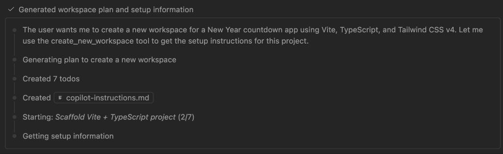 Screenshot of a conversation with Copilot Chat in Visual Studio Code. Copilot has identified that the user wants to create a new workspace for a New Year countdown app using Vite, TypeScript and Tailwind CSS v4. It's going to to use the create_new_workspace tool to create the new workspace.