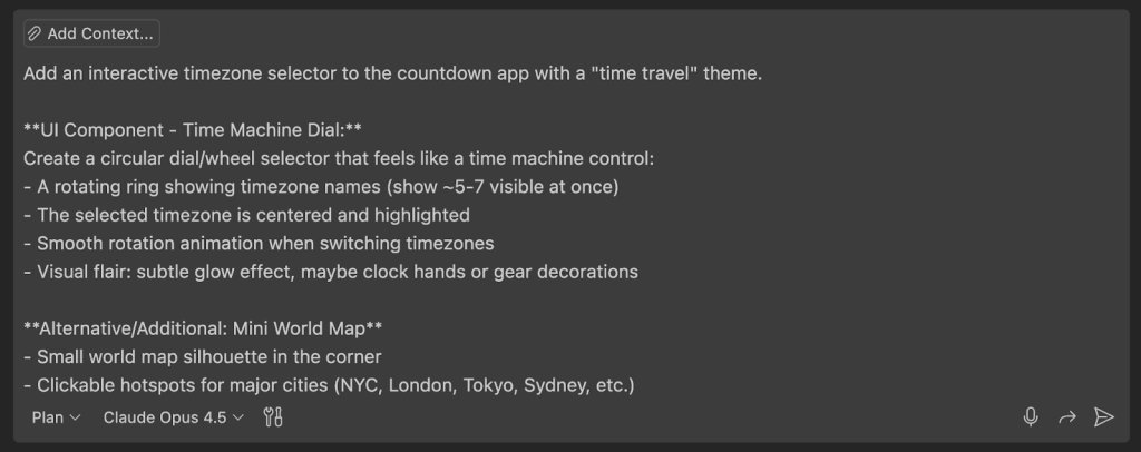 Screenshot of the input box for Copilot Chat in Visual Studio Code. The input box contains a prompt with some requirements that configure an interactive timezone selector either like a time machine dial, or a mini world map.