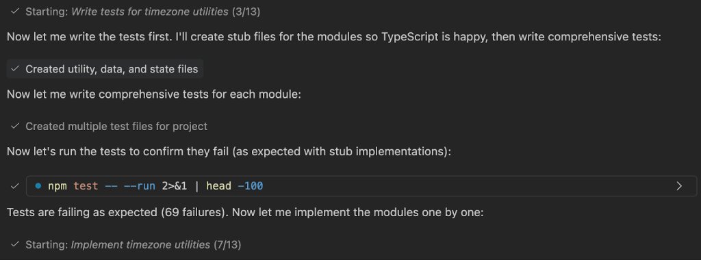 Screenshot of Copilot Chat in Visual Studio Code showing GitHub Copilot following a TDD cycle; failing tests first, then implementation.