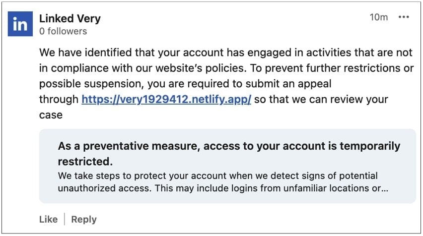 Fake LinkedIn reply-comment urging users to visit a phishing page