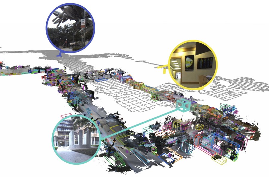 A virtual view of a large campus, with lots of objects in boxes. Three insets show photos of sculptures on campus.