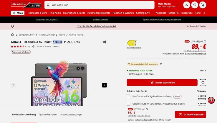 The Tabwee T50 is marketed in multiple regions with 6 GB RAM and 128 GB storage.