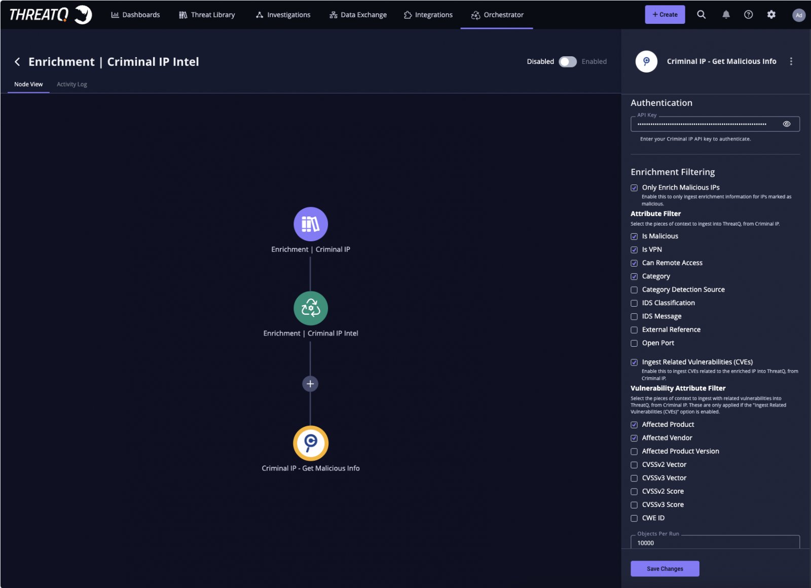 Criminal IP enrichment integrated within the ThreatQ Orchestrator, enabling automated ingestion and filtering of exposure-based IP intelligence directly into analysis workflows