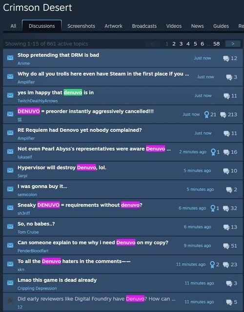 Crimson Desert Denuvo complaints in Steam forum shown