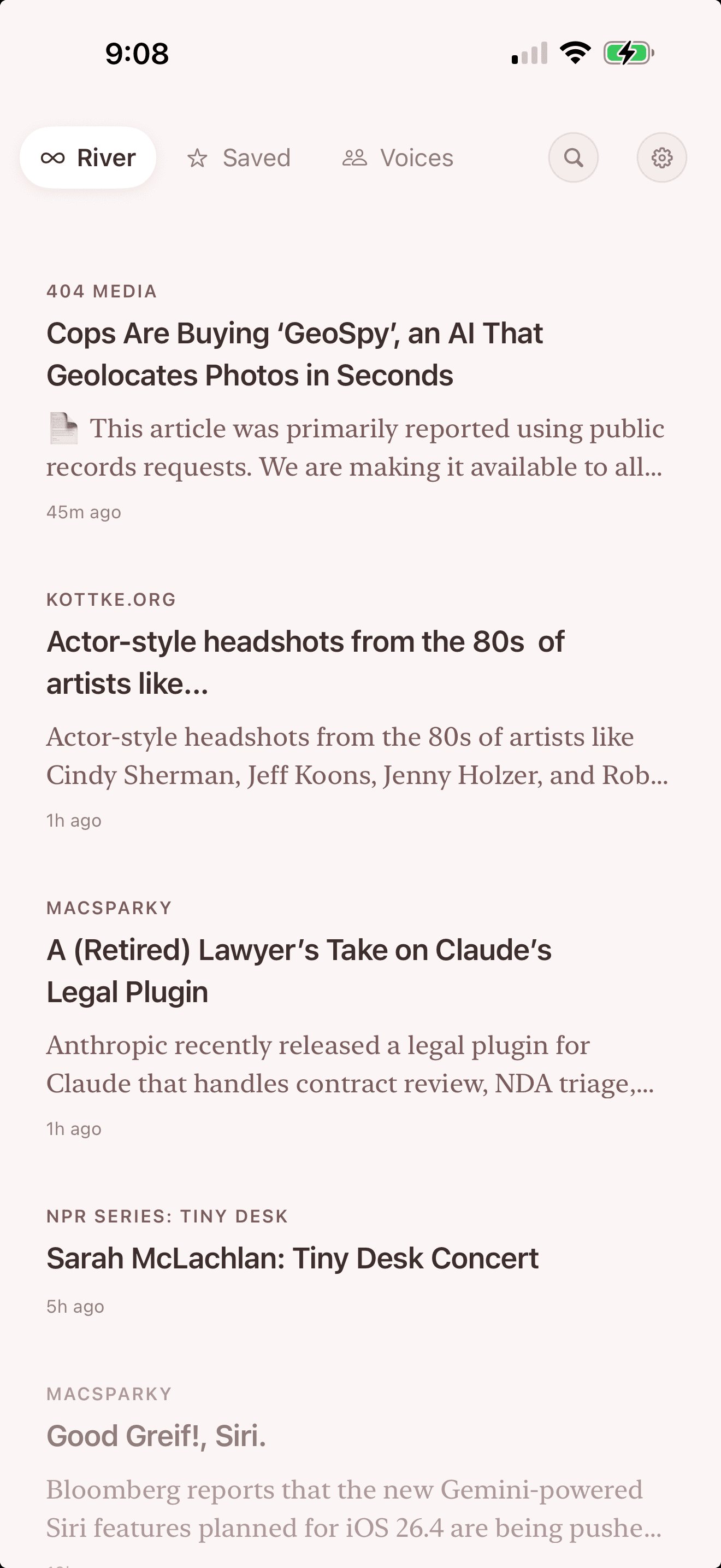 Current's main river view — articles in a clean vertical list, no sidebar, no unread counts