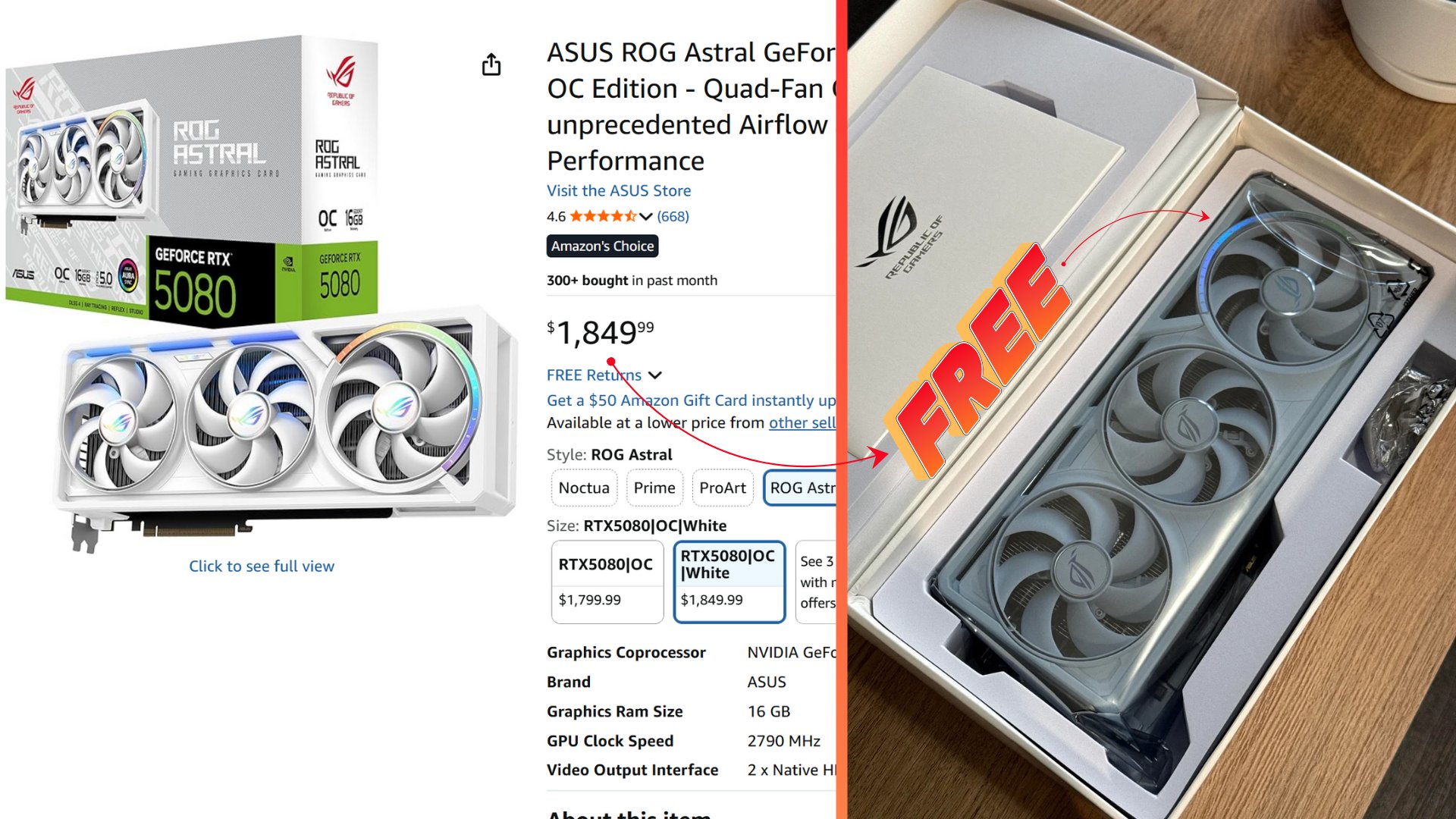 Asus ROG Astral RTX 5080 White scored for free by lucky Redditor on Amaozn