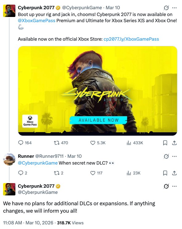 CD Projekt RED's response to a commentor asking about new DLC.