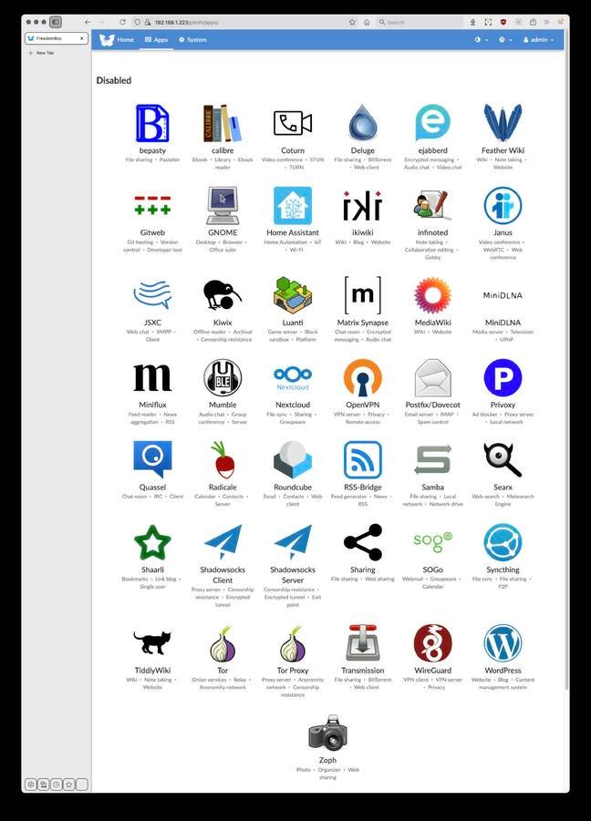 Going into FreedomBox's Apps screen, you can see the many things it can do for you. 