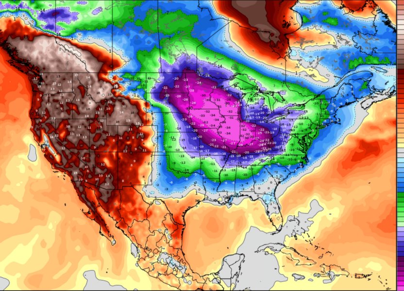 A United States map with a brightly colored overlay highlighting temperature differences across various states and regions.