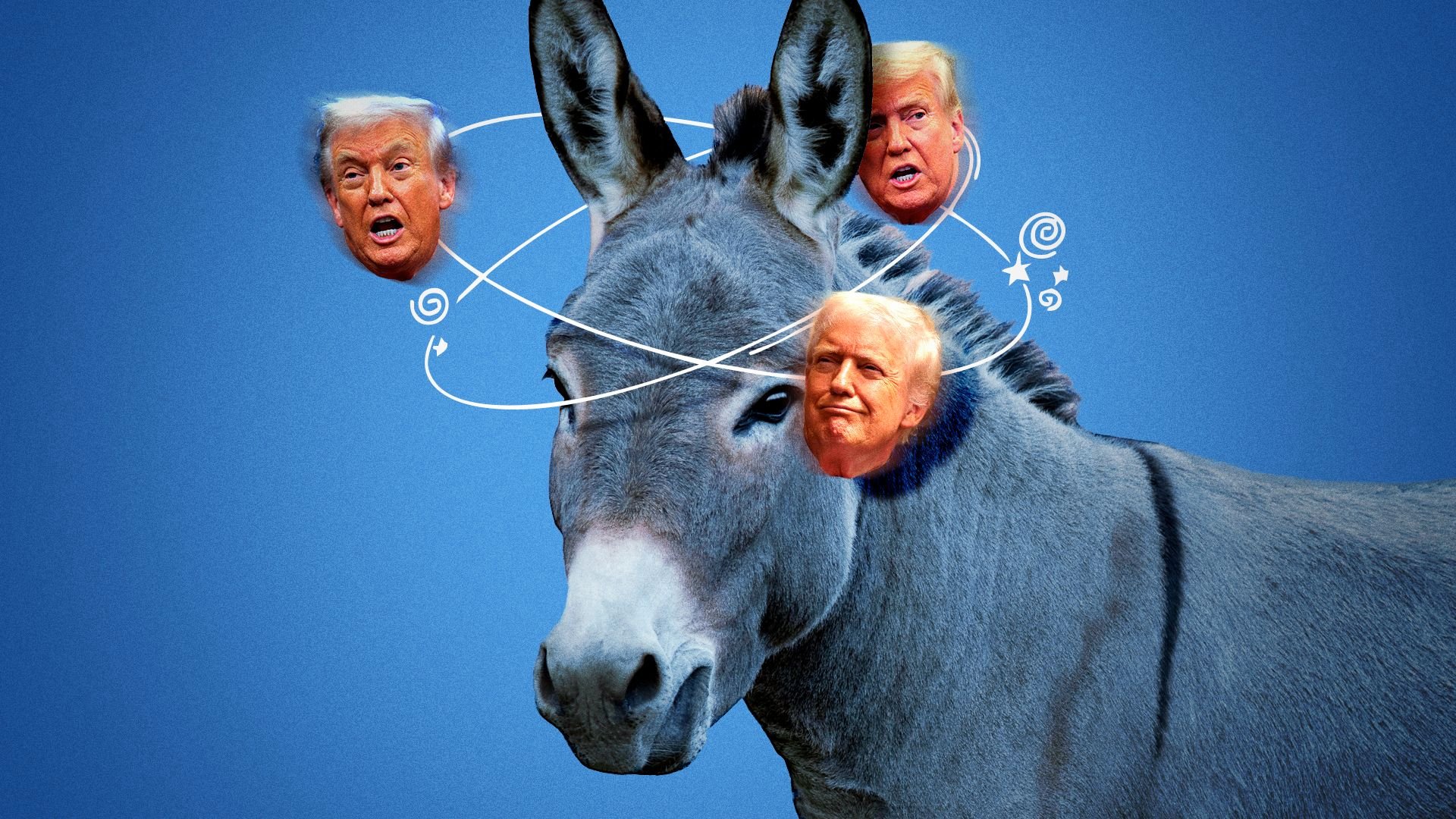 Photo illustration of Donald Trump's face swirling around a dazed donkey. 