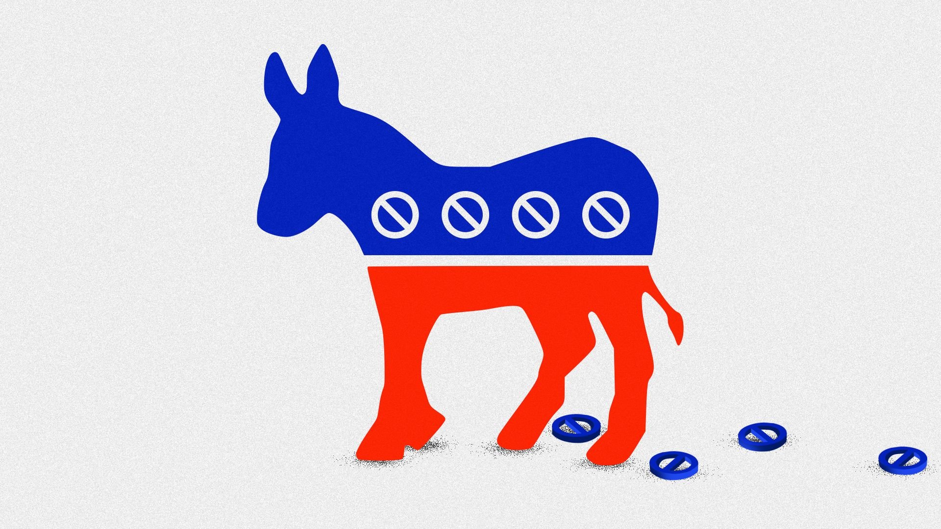 Illustration of the Democratic donkey with no symbols instead of stars, with the punch out shapes trailing behind. 