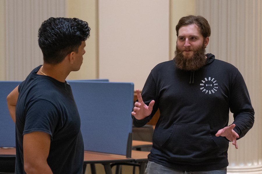 Aaron Kahler talks to another boot camp participant