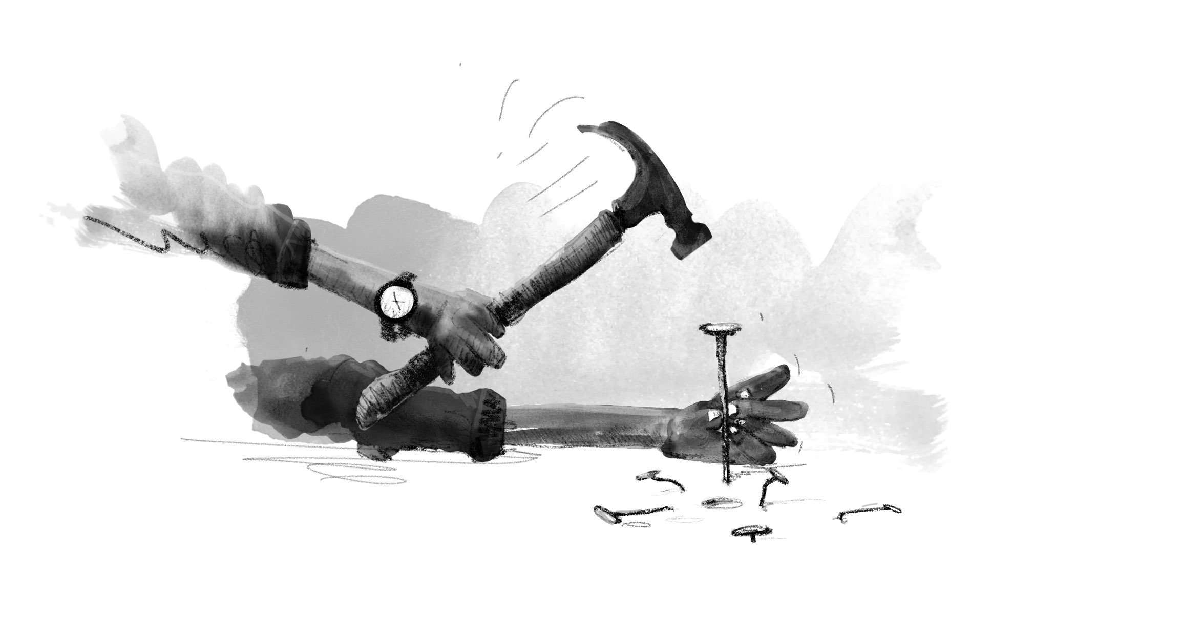 Illustration: A pair of hands carefully attempt to hammer a nail beside a collection of earlier failed nails.