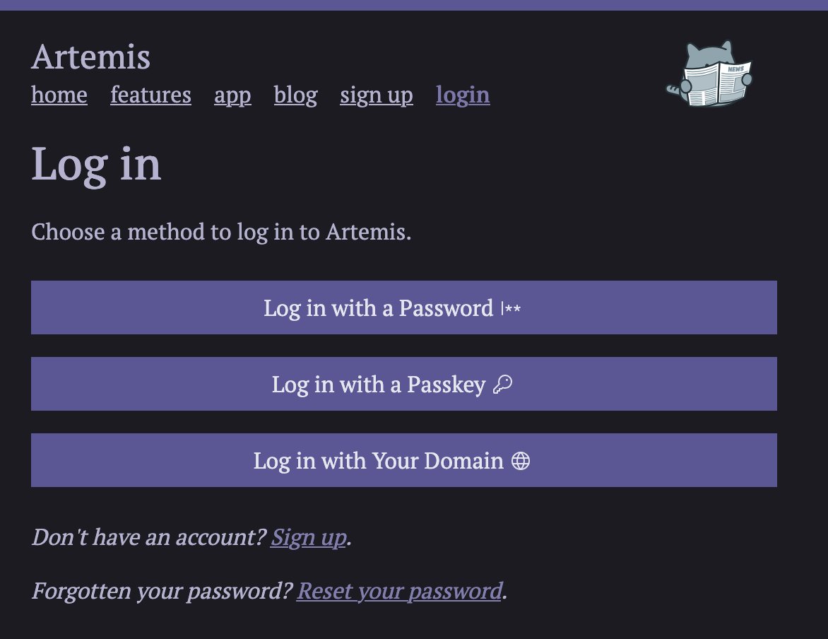The Artemis login page showing three buttons: Log in with a Password, Log in with a Passkey, Log in with Your Domain.