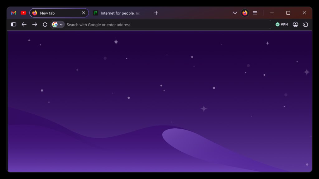 Firefox browser new tab with purple starry theme and VPN enabled
